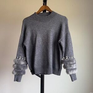 Love At First Find Coquette/Downtown Girl Grey Faux Fur Trim Rhinestone Sweater